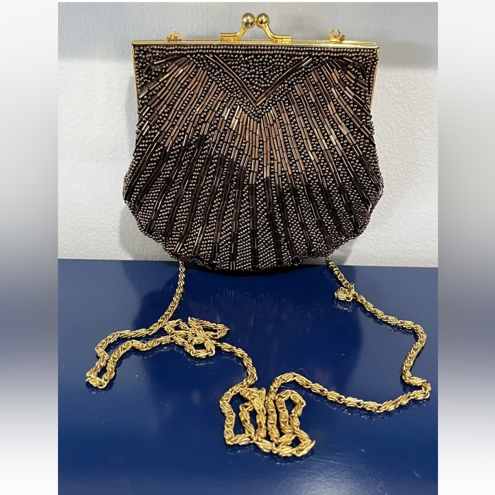Valerie Stevens Bronze Metallic Beaded Gold Purse Bag Clamshell Vintage 70s 80s